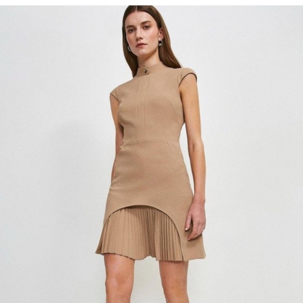 Karen Millen Tan Beige Mini Dress with Pleated Hem